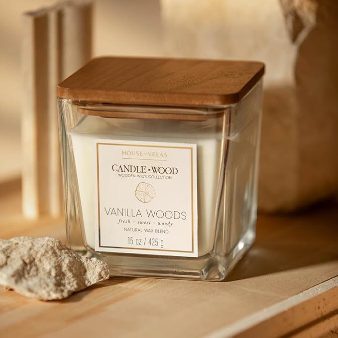 Candle Wood Collection, 15 oz, 1 Wooden Wick, Vanilla Woods, Square Glass Jar Candle