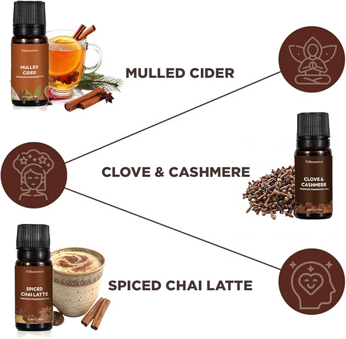 Folkulture Essential Oils for Home | Set of 3 (0.34 fl oz x 3) Fall Essential Oil for Relaxation | Chai Latte, Cider, Clove Essential Oil or Fall Scents for Meditation | Fall Essentials for Women