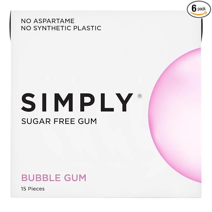 SIMPLY Gum | Dental Gum | Sugar Free Xylitol Chewing Gum | Bubblegum | Pack of Six (90 Pieces Total) | Synthetic Plastic Free + Sugar Free + Aspartame Free