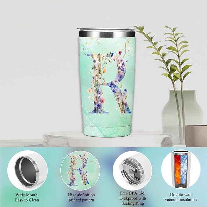 Personalized Gifts Monogrammed Birthday Gifts for Women, New Mom, Grandma Thank You Christmas, Initial 20 oz Tumbler, Makeup Cosmetic Bag Cup Pens Journal Notebook 6 Set, (Aesthetic Green Flower R)