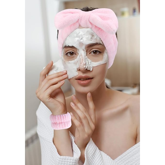 VELSCRUN 6 Pack Spa Headband, Makeup Headband, Face Wash Headbands, Skincare Headbands, Pink Sponge Hair Band Bow Tie Spa Head Band for Washing Face Wristband Set Hair Accessories for Women Girls
