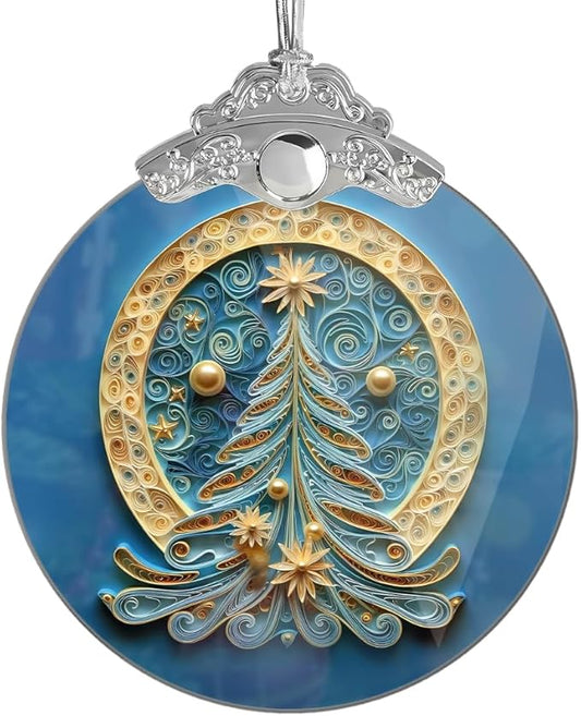 2025 Christmas Ornament, Stained Glass Effections, Christmas Tree 4 Inch Acrylic Ornament Art, White Elephant Gifts Car Interiors Decors, Christmas Decor (Quilling Tree 3)
