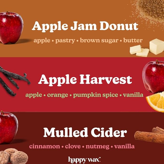 Happy Wax Fall Apple Mix Premium Scented Natural, Non Toxic Soy Wax Melts – 6 Total Oz. of Scented Wax Melts. Includes: Apple Jam Donut, Apple Harvest, Mulled Cider