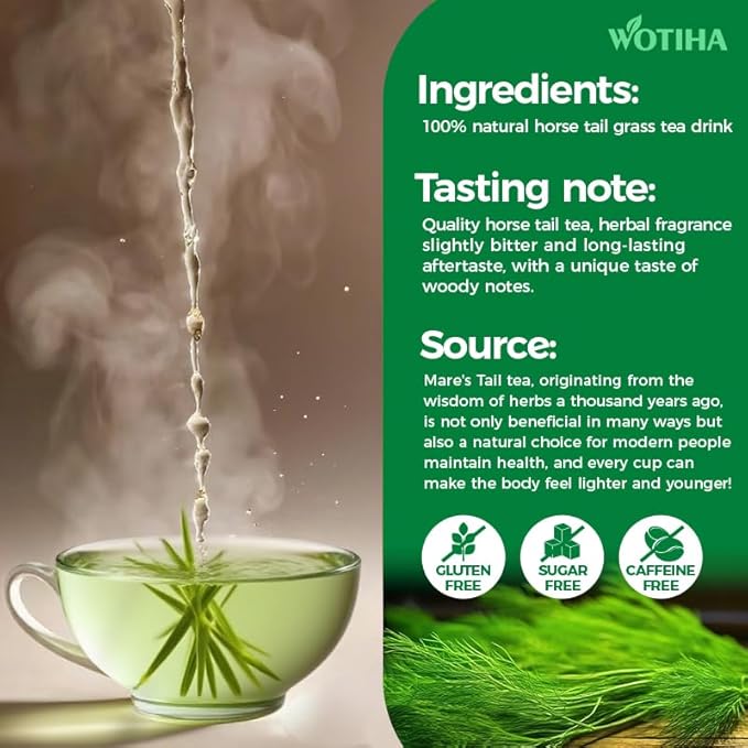 WOTIHA-Natural Horsetail tea 90g. 60 Herbal Tea Bags.100% Wild Natural Horse Tail Herb Helps Promote Hair Growth .Non-GMO • Additive-Free • Caffeine-Free • Sugar-Free • Vegan