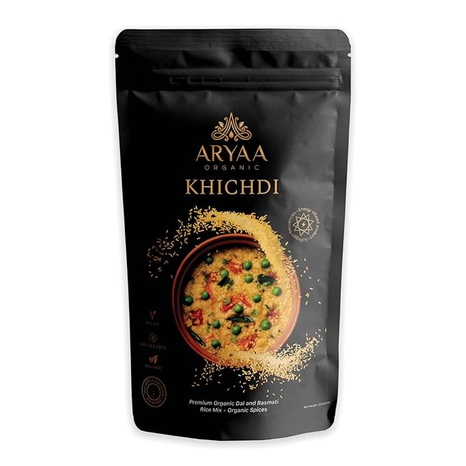 Aryaa Organic Khichdi 1.15lb (4 pack/220g) - Makes 16 Cups | Indian Risotto: Basmati Rice, Lentils & Spices, Organic, Gluten-Free, Non-GMO, Vegan, No Preservatives
