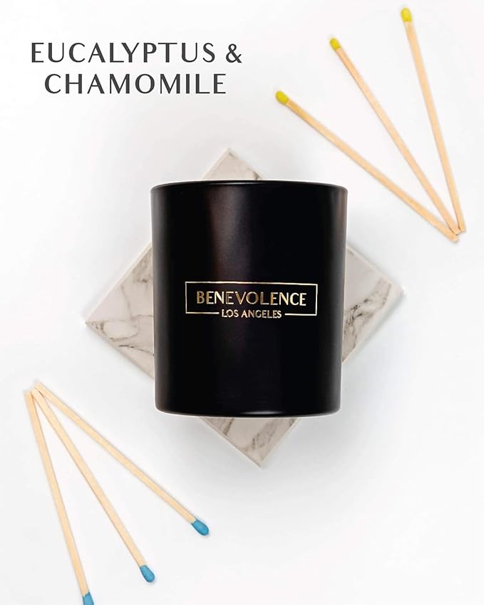 Benevolence LA Eucalyptus & Chamomile Scented Candle | Soy Candles, Black Candle for Home | Gifts for Women and Men | Home Fragrance | Aromatherapy | 8oz, 45 Hour Burn