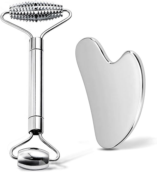 Gua Sha Facial Tools and Face Roller Set, Stainless Steel Facial Sculpting Eyes Roller Guasha for Face, Chin & Jawline Sculpting,Skin Care (Stainless Steel)