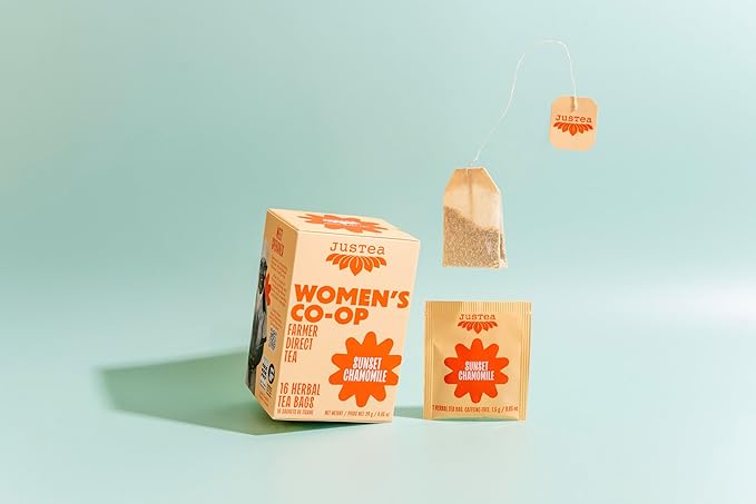 JusTea Sunset Chamomile | Herbal Tea Bags, Caffeine-Free, Organic Chamomile Tea | Fair-Trade | Plastic-Free Tea Bags | Vegan, Sugar-Free, Gluten-Free | 16 Tea Bags