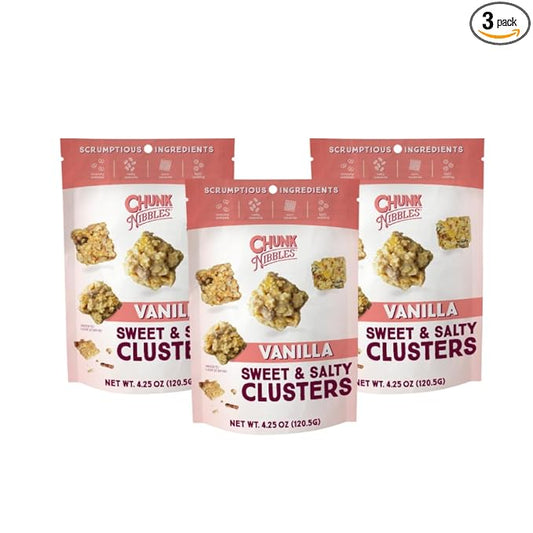 Chunk Nibbles Original Vanilla Snack Clusters - Grandma Cuddy’s Recipe with Pretzels, Corn Squares & Peanuts - Sweet & Salty Classic, Handcrafted, Small Batch - 4.25oz Resealable Pouch (3 Pack)