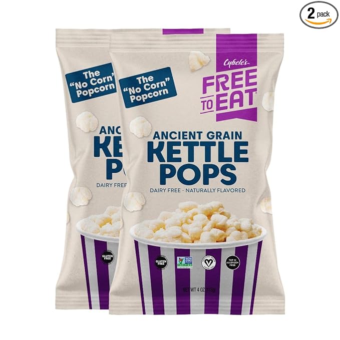 Cybele's Free-to-Eat Ancient Grain Pops - Healthy Snacks, All Natural, Gluten-Free, Vegan, No Preservatives or Additives (Kettle Pops 4oz, Pack of 2)