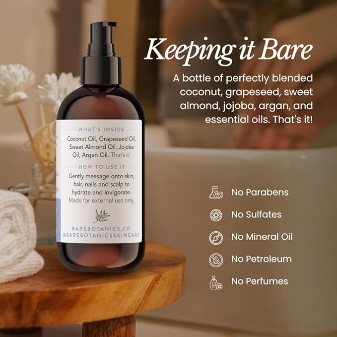 BARE BOTANICS 8 oz Moisturizing Unscented Body Oil - 100% Pure & Natural for Skin & Nails - Perfect for Moisturization - Vegan, Cruelty Free & Naturally Scented Hair Oil
