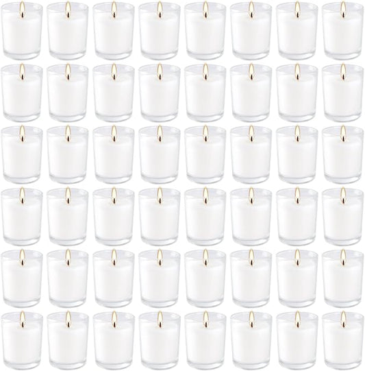 48 Pack White Unscented Clear Glass Filled Votive Candles. Hand Poured Wax Candle Ideal Gifts for Aromatherapy Spa Weddings Birthdays Holidays Party (White)