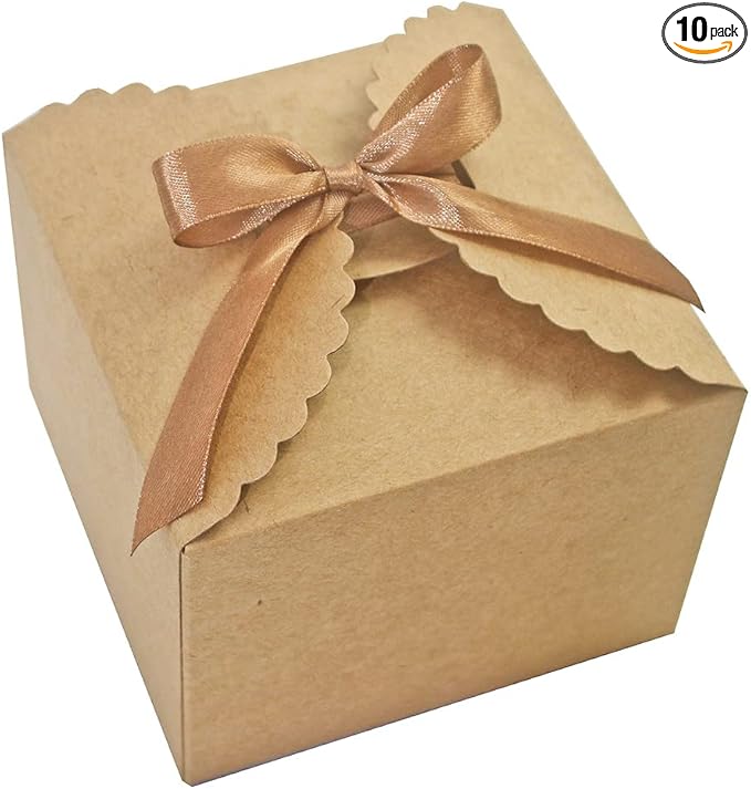 Brown Box for Presents, 10 Pack Small Empty Kraft Paper Gift Boxes with Ribbon For Packaging Candy, Cookie, Chocolate, Craft, Candle, Small Gifts, 4.75” x 4.75” x 3.53”