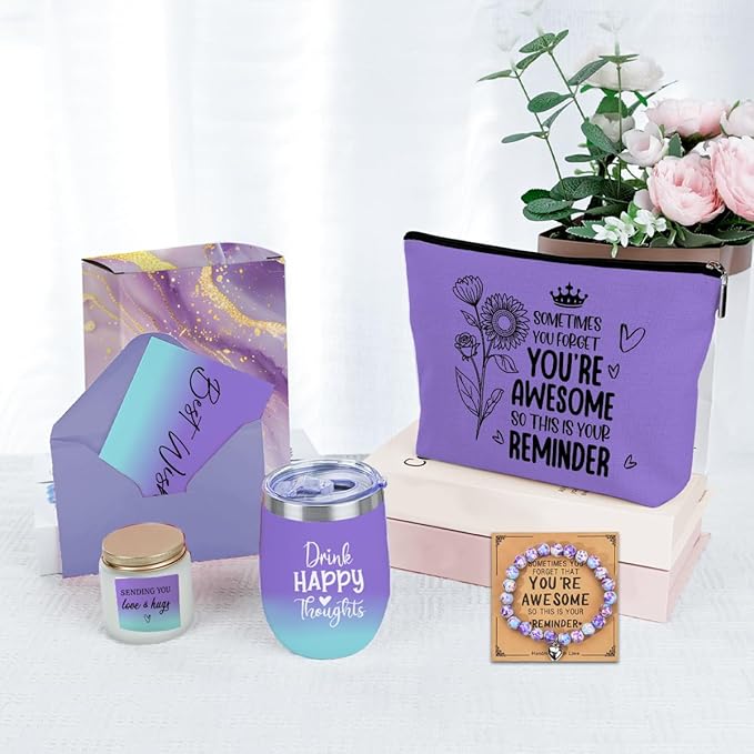 Encourangement Inspirational Birthday Gifts for Women, Friendship Thank You Gifts for Women, Mom Friends Sister Christmas Wine Tumbler Makeup Bag Scented Candle Bracelet Basket