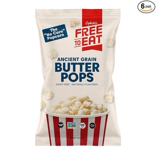 Cybele's Free-to-Eat Ancient Grain Pops - Healthy Snacks, All Natural, Gluten-Free, Vegan, No Preservatives or Additives (Butter Pops 4oz, Pack of 6)