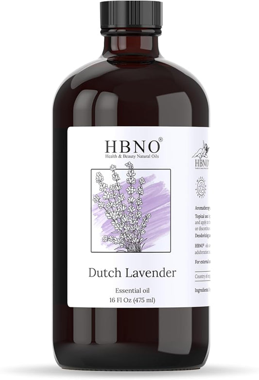 HBNO Lavender Dutch Oil - 16 oz (475ml) Large Size - Ideal for Shampoos, Conditioners, Mouth Washes, Face wash, Lotions, and Skin Care Products (Glass Bottle).