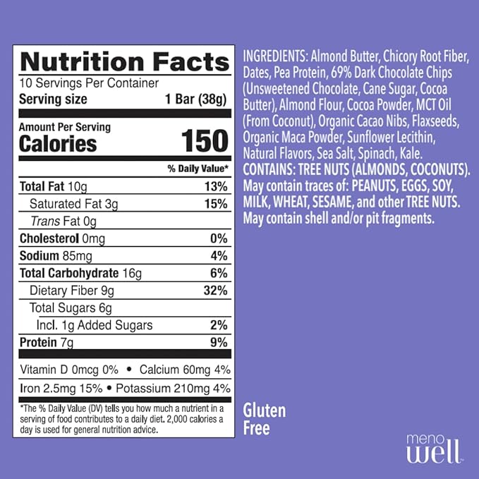 MenoWell Menopause Protein Bars for Women, Weight Management Support, Double Chocolate Brownie, 32% Daily Fiber, Prebiotic, Plant-Based, 7g of Protein, 1g Added Sugar, 10 Count (Pack of 1)