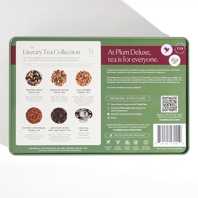 Literary Tea Collection Assorted Tea Gift Set - Hand-Crafted Loose Leaf Teas, Presentation Gift Box with Loose Leaf Steeper Included - Mixed Caffeine - 5 Unique and Flavorful Teas, 75+ Cups