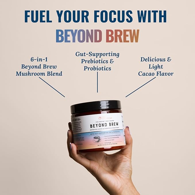Live Conscious Beyond Brew - Superfood Coffee Alternative - Low Caffeine - Powerful Mushroom Complex - Lion’s Mane, Reishi, Cordyceps & Chaga for Sustained Focus, Energy & Immunity - Prebiotics & Probiotics Supports Gut Health - 30 Servings (3-Pack)