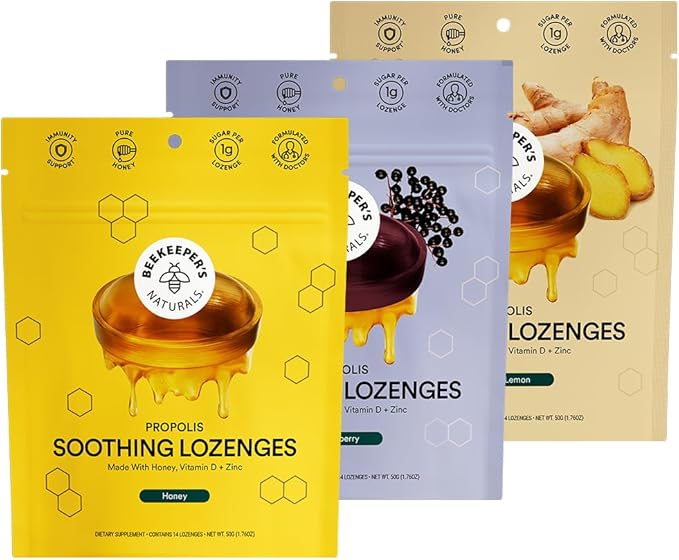 Beekeeper's Naturals Soothing Honey Cough Drops 3 Flavors Pack,Honey,Ginger Lemon & Elderberry Sore Throat Relief Soothing Lozenges with Zinc,Propolis & Vitamin D,42 Ct