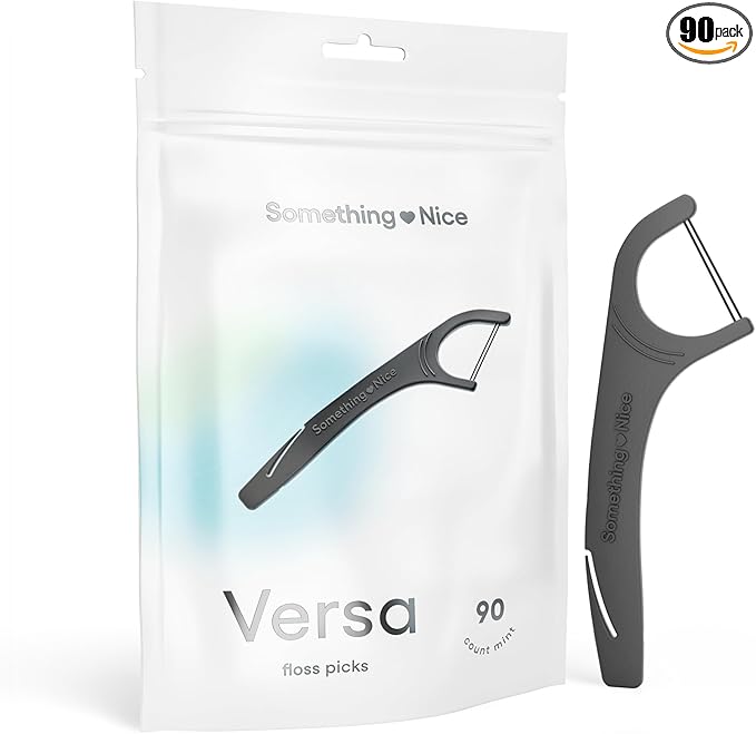 SOMETHING NICE Versa Floss Picks - Minty Fresh Twin Floss for Extra Strength with Mint Flavour - Dental Floss Picks with Tongue Scraper | Flossers with Xylitol for Enhanced Protection 90-Pack