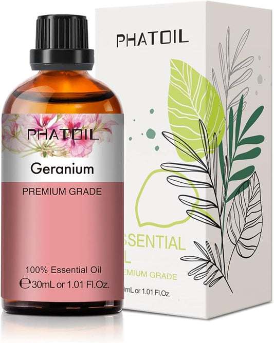 Geranium Essential Oil 1.01fl.oz/30ml, PHATOIL Premium Geranium Oils Long Lasting Scents for Aromatherapy, Diffuser, DIY Soap and Candle Making