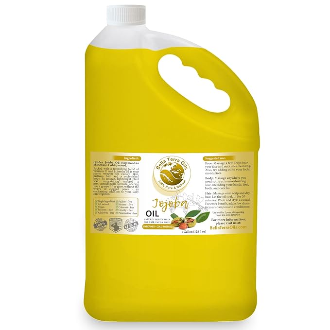 Bella Terra Oils Pure Golden Jojoba Oil – 1gallon, Cold Pressed, Non-GMO, Versatile Beauty Care – 1gallon, Perfect for Hair, Skin, and Nails