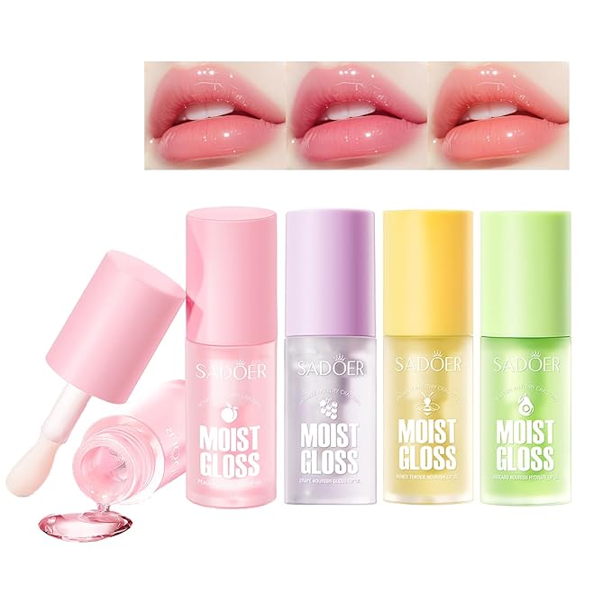 4 Pcs Hydrating Lip Gloss Set, Fruit Flavored Lip Oil Lip Glaze Cute Lip Jelly Transparent Lip Gloss, Glossy and Shiny Moisturizing Lip Makeup Gift