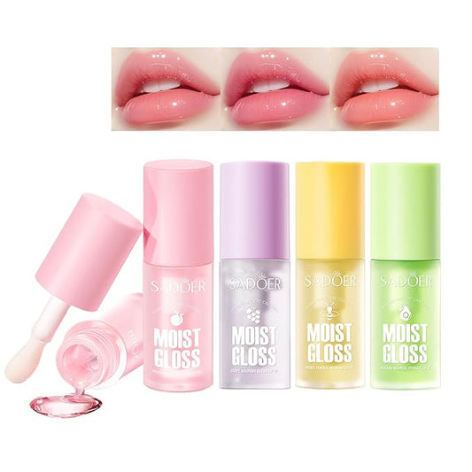4 Pcs Hydrating Lip Gloss Set, Fruit Flavored Lip Oil Lip Glaze Cute Lip Jelly Transparent Lip Gloss, Glossy and Shiny Moisturizing Lip Makeup Gift