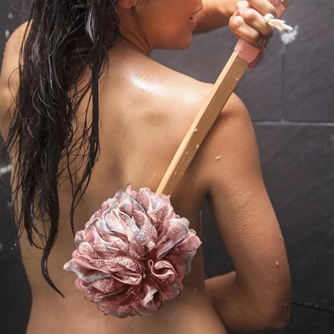 Loofah Back Scrubber for Shower | Bamboo Charcoal Fiber Infused | Loufas for Men & Women | Includes 1 Long Handled Shower Sponge, 1 Bath & Shower Luffa Pouf & 1 Hook to Hang Stuff (Rose Pink)