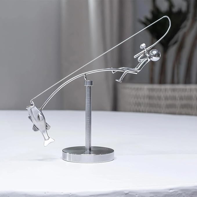 Kinetic Fishing Sculpture, Balance Art for Your Space, Metal Fishing Statue Home Office Desktop Ornament for Home Office Art Deco-B