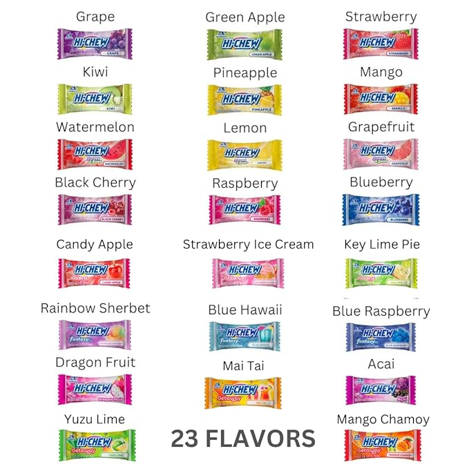 HI-CHEW Variety Mix, Pack of 8 Bags - 23 Asst Flavors including Getaway Mix - Unique Fun Soft & Chewy Taffy Halloween Candy - Immensely Juicy Fruit Flavors - Individually Wrapped for Sharing