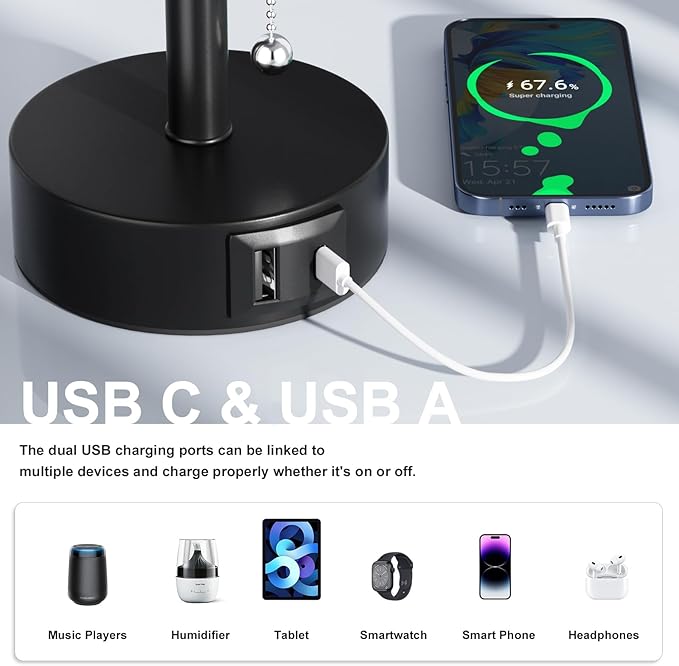 Fenmzee USB Bedside Table Lamps Set of 2-3 Color Temperatures Pull Chain Lamp with USB C and A Charging Ports, Round Night Stand Lamps for Bedroom