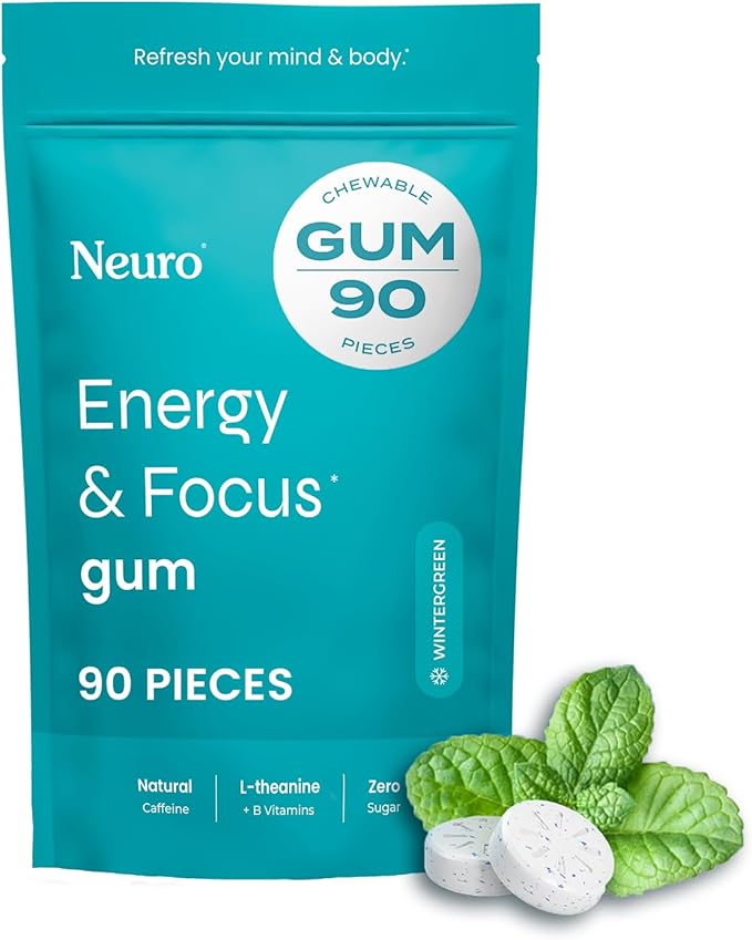 NeuroGum Energy & Focus Gum (90 Count Bag, Wintergreen) | 40mg Natural Caffeine + L-Theanine + Vitamin B12 & B6 + Xylitol | Sugar Free Nootropic Cognitive Brain Performance Supplement
