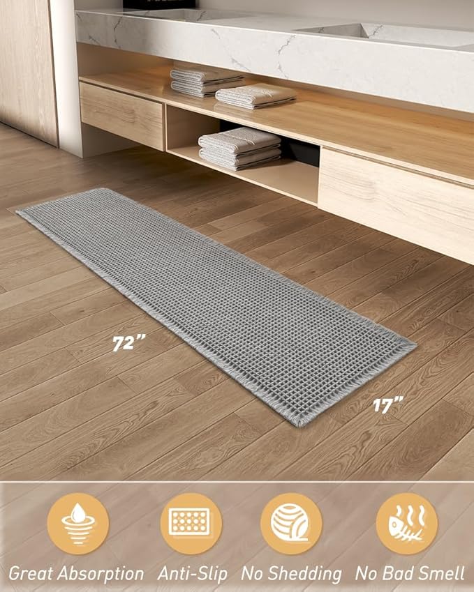 AMOAMI Upgraded Waffle Runner Rug Super Absorbent Non Slip Bath Mats for Bathroom Machine Washable Bathroom Runner Rug with Tassels, Ideal for Hallway Bedroom Laundry Room, Light Grey, 17" x 72"