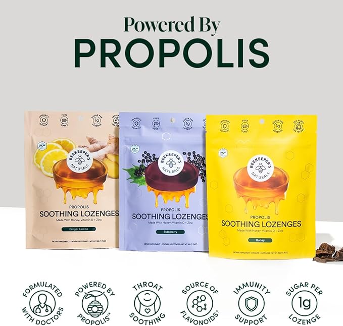 Beekeeper's Naturals Soothing Honey Cough Drops 3 Flavors Pack,Honey,Ginger Lemon & Elderberry Sore Throat Relief Soothing Lozenges with Zinc,Propolis & Vitamin D,42 Ct
