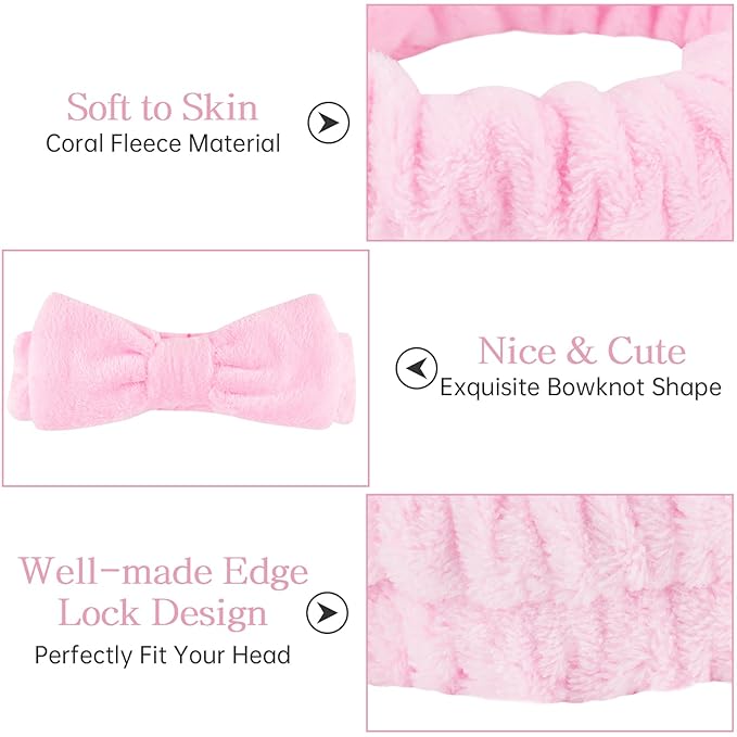 Casoty Spa Headband, 6 Pcs - Soft Coral Fleece Hair Band for Face Washing, Skin Care, Makeup, Shower, Yoga, with Bow Knot, One Size Fits All, Good Elasticity