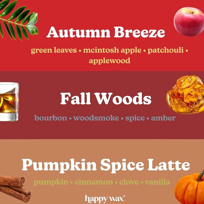 Happy Wax Fall Mix Premium Scented Natural, Non Toxic Soy Wax Melts – 6 Total Oz. of Scented Wax Melts. Includes: Fall Woods, Autumn Breeze, and Pumpkin Spice Latte