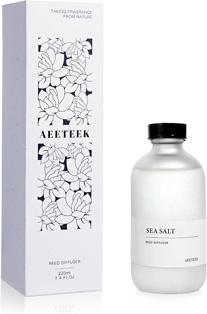 Sea Salt Reed Diffuser, 7.4oz(220ml) Sea Salt Musk & Seaweed Essential Oil Refill, Bathroom Air Freshener with Willow Branches Decor, Long Lasting Fragrance for Home (1-Pack)
