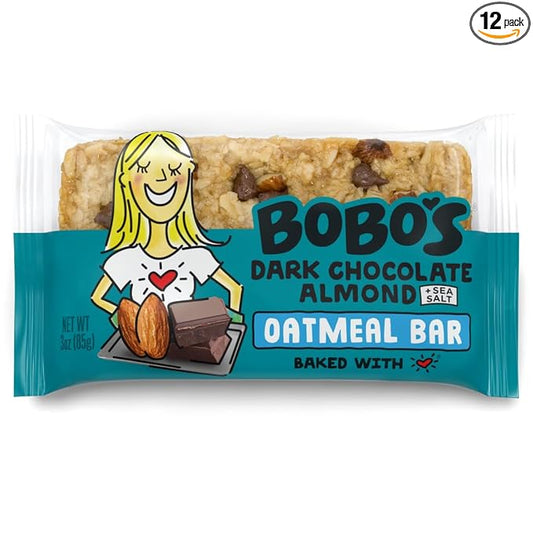 Bobo's Oatmeal Bars, Dark Chocolate Almond Sea Salt, Gluten Free Vegan Whole Grain Oat Bars, Pack of 12