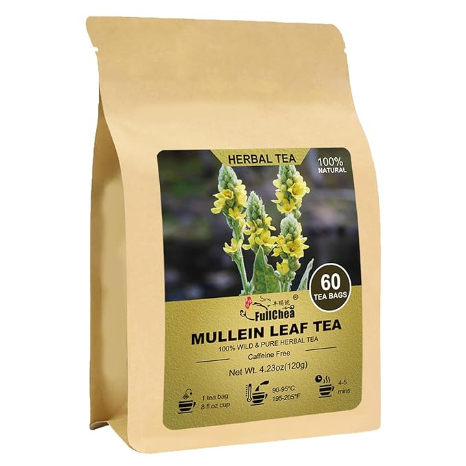 FullChea - Mullein Leaf Tea Bags, 60 Teabags, 2g/bag - Premium Dried Mullein Herbs For Detox & Respiratory Support - Non-GMO - Caffeine-free - Natural Healthy Herbal Tea