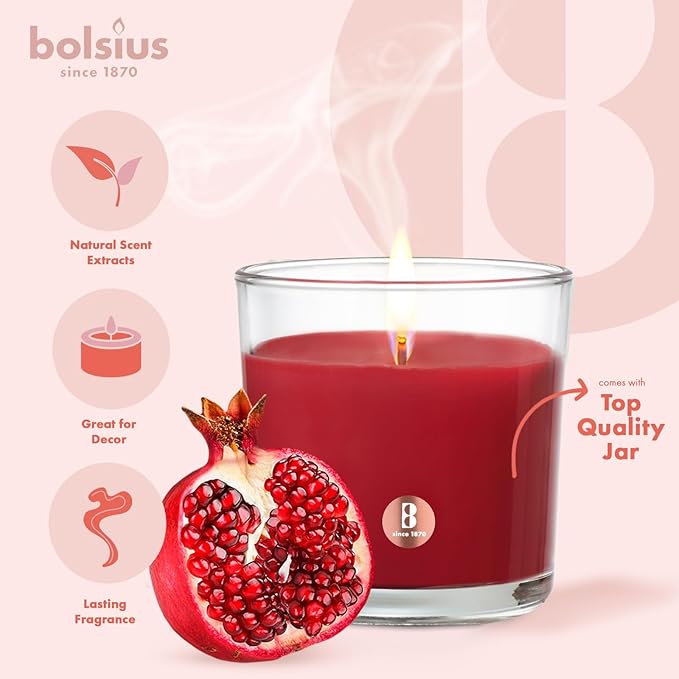 Bolsius Pomegranate Scented Candle - Long-Lasting, 43+ Hours Burn - Natural, Clean-Burning, Large 8oz Jar