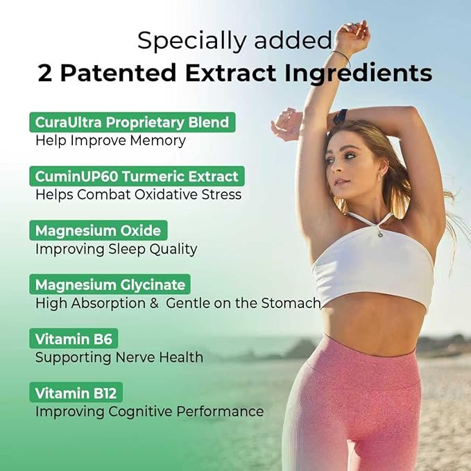 CuraUltra Magnesium Capsules, Magnesium Oxide and Glycinate Extra Strength, with Vitamin B6, B12, Turmeric for Memory, Focus & Relax, Boost Immunity & Sleep, Support Brain Health, 60 Count