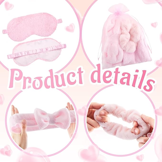 30 Pcs Sleepover Party Supplies for Women Slumber Party Supplies for Girls Spa Favor Headband Eye Mask Hair Scrunchies Comb Toiletry Bag(Pink)