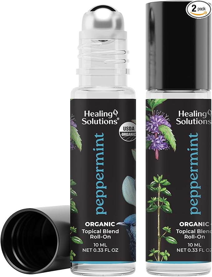 Healing Solutions (2 Pack) USDA Certified Organic Peppermint Essential Oil Roll-On Set for Body & Skin Care - Peppermint Essential Oil Roller