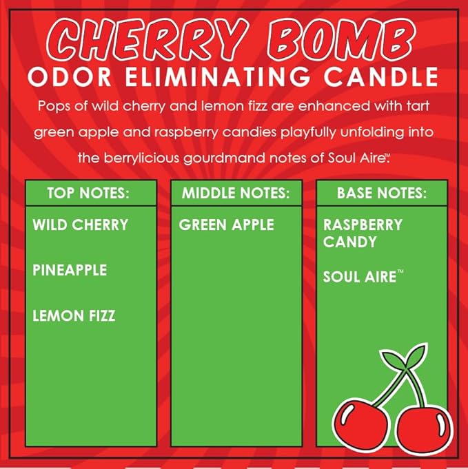 Cherry Bomb Odor Eliminating Highly Fragranced Candle - Eliminates 95% of Pet, Smoke, Food, and Other Smells Quickly - Up to 80 Hour Burn time - 12 Ounce Premium Soy Blend