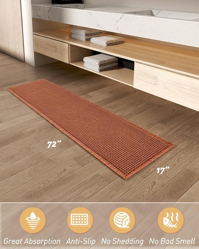 AMOAMI Upgraded Waffle Runner Rug Super Absorbent Non Slip Bath Mats for Bathroom Machine Washable Bathroom Runner Rug with Tassels, Ideal for Hallway Bedroom Laundry Room, Dirty Orange, 17" x 72"