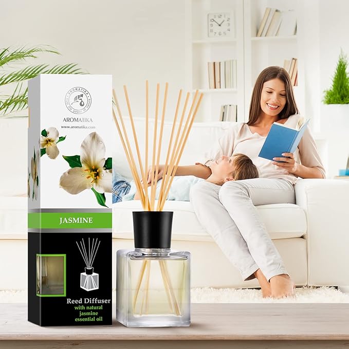Jasmine Reed Diffuser w/Natural Essential Jasmine Oil 6.8 Fl Oz - Fresh & Long Lasting Fragrance - Scented Reed Diffuser - Gift Set w/Bamboo Sticks - Best for Aromatherapy - SPA - Home