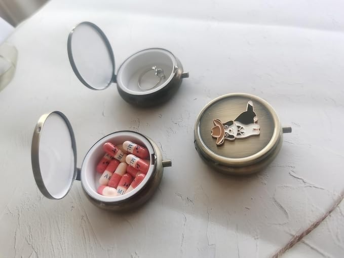Cute Daily Pill Organizer Box - Round Metal Pill Box Medicine Pill Case Travel Weekly Vitamin Pill Organizer Small Pill Box for Purse, Mini Pocket Pill Case for Purse (Cutedog)