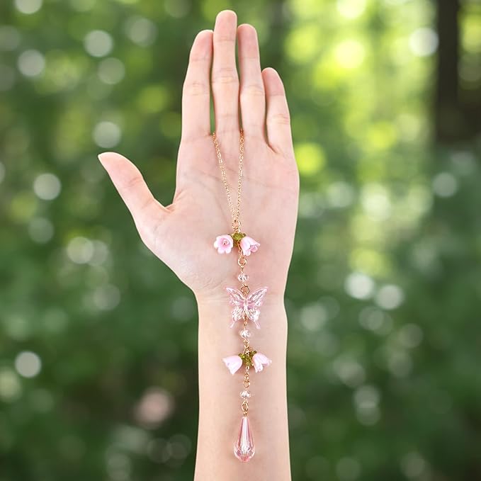 Butterfly Crystal Car Rearview Mirror Charm - Pink Lily of The Valley Flower Beaded Pendant, Elegant Hanging Cars Interior Decor Ornament & Accessories, for Women